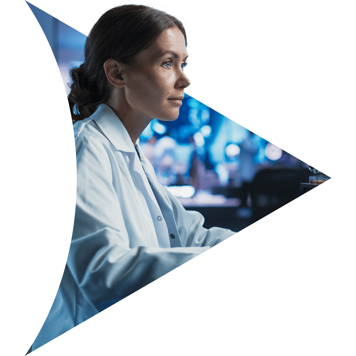 Scientist looking forward, working on her computer