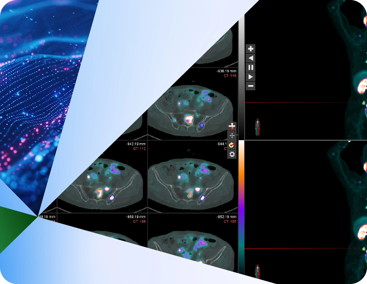 This image consists of a collage with a segmented, pie-chart-like design. The left section features a stylized digital background in hues of blue and purple, depicting abstract data points and wave patterns reminiscent of a neural network or digital data visualization.