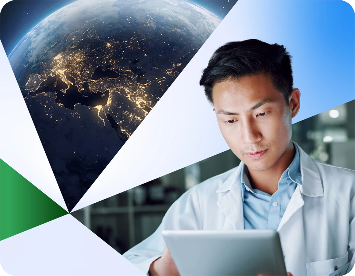ChatGPT said: A young professional wearing a lab coat is focused on a tablet, seemingly analyzing data or conducting research. In the background, a graphic overlay shows a view of Earth from space, highlighting a connection between technology and global innovation.
