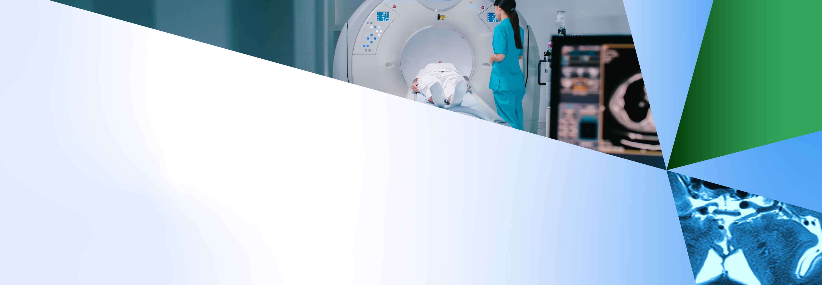 A medical imaging room scene with a CT or MRI scanner visible in the background, partially obscured by geometric overlapping shapes in light blue, white, green, and blue tones; also showing a patient lying inside the scanner and medical monitors nearby.